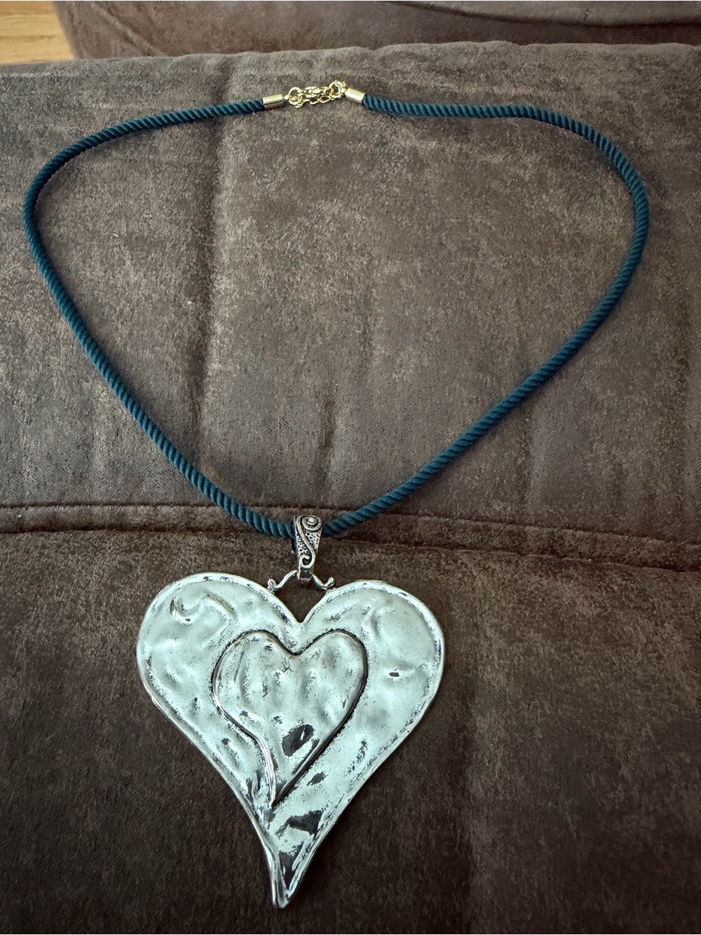 Handcrafted Silver Heart Pendant Necklace on Teal Cord